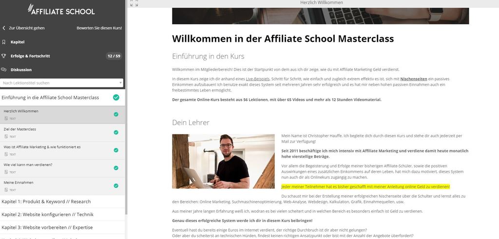 Affiliate School Masterclass - Einblick in die Willkommen-Seite.